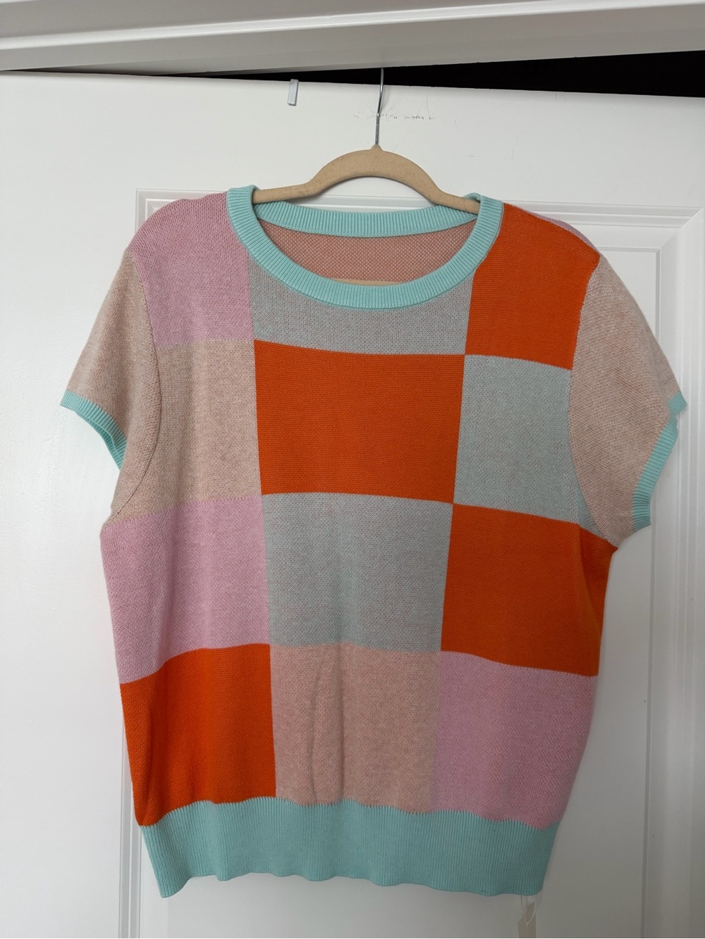 Women's Colorblock Short Sleeve Knit Top in Orange, Pink & Aqua
